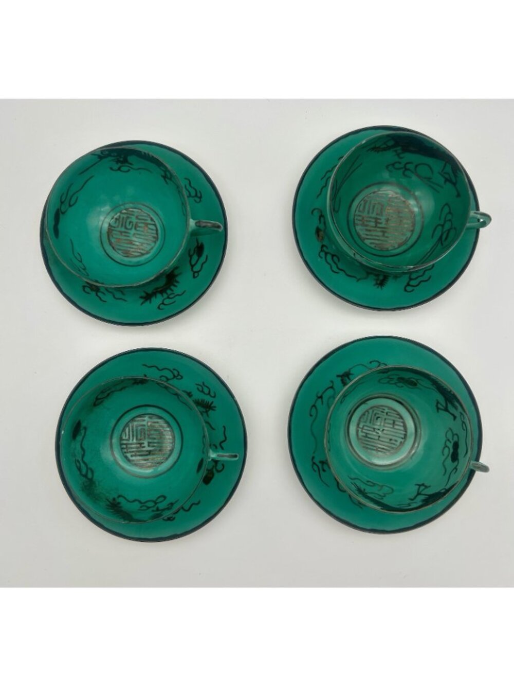 4 Hand Painted Japanese Porcelain Teacups w/Saucers & 2 Plates 7"-Teal Dragons - Picture 11 of 16